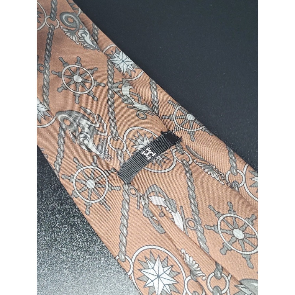 Hermes Mens Silk Necktie Brown Nautical Seahorse Wheel 573 SA France